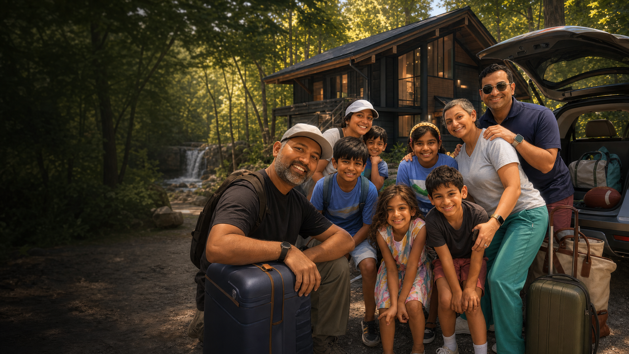 Animated family trip picture with the Ohio cabin, Cuyahoga scenery, and Canton football energy