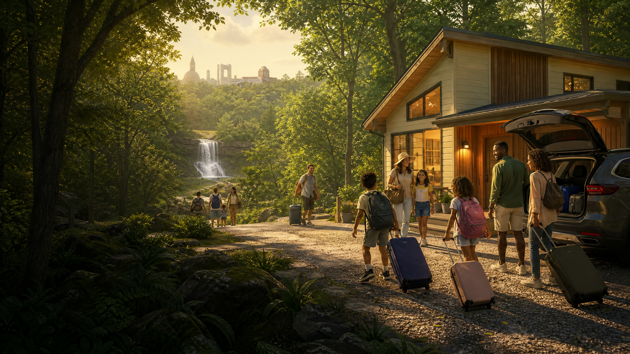 Animated Ohio travel picture with Cuyahoga Valley, Canton, and cabin-trip elements
