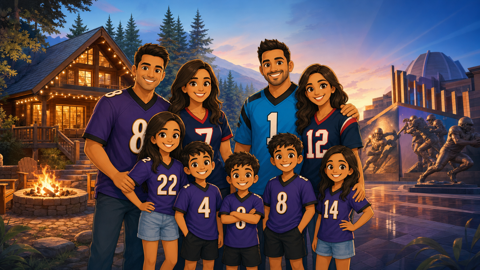 Animated Ohio trip scene blending Postcard Cabins Beaver Creek with a Pro Football Hall of Fame family football day