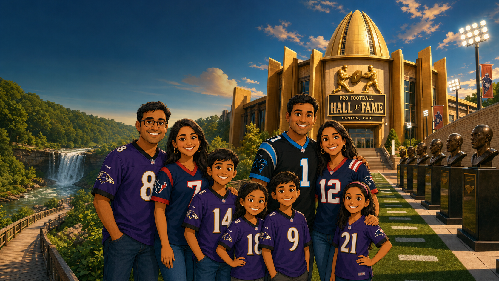 Animated football-themed Hall of Fame hero picture for the two-family Ohio trip